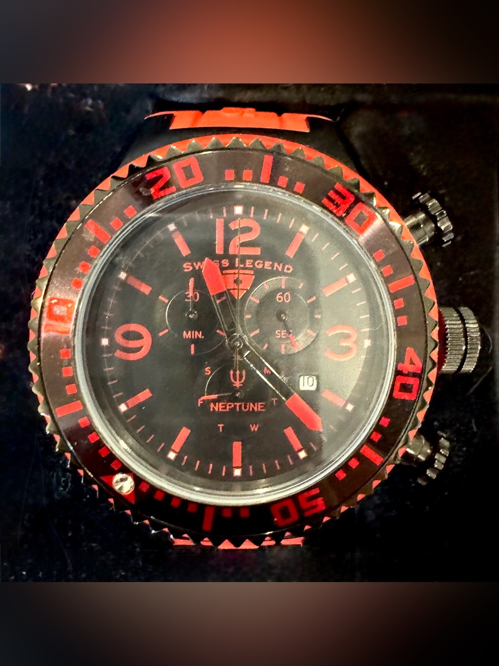 Swiss Legend Men’s Neptune Chronograph Watch Red Black 52mm-Pristine! Needs Batt